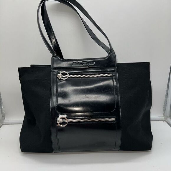 Salvatore Ferragamo Gancini Black Nylon and Patent Leather Shoulder Bag - Picture 1 of 16